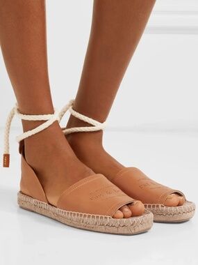 rag & bone Estelle Tan Leather Espadrille Sandals with White Rope Ankle Tie